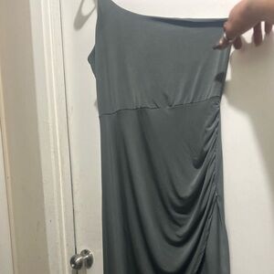 Elegant One-Shoulder greenish Gray Dress soft silk